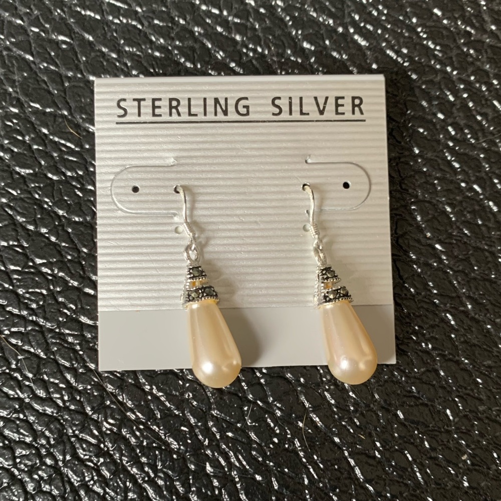 Sterling Silver Pearl Drop Earrings w/ Marcasite